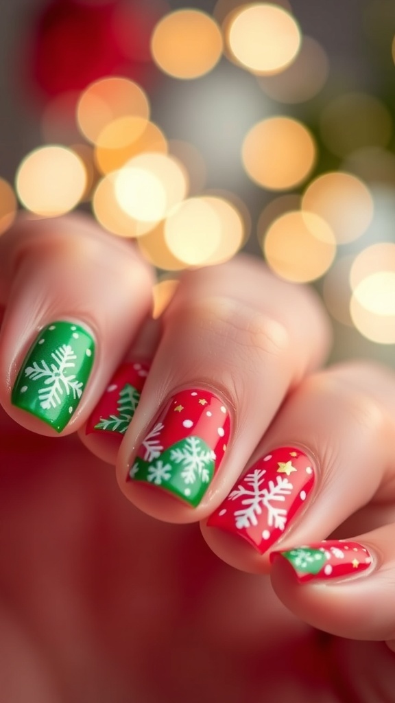 Festive Christmas Nail Art for Short Nails Short nails with Christmas nail art featuring red, green, and white designs with snowflakes and stars.